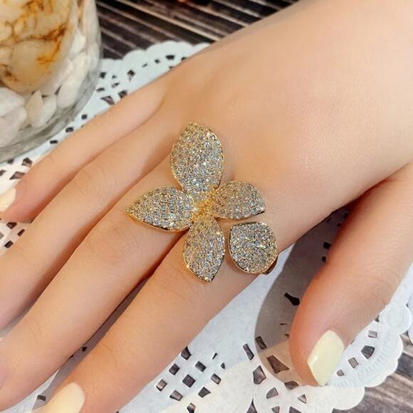 Gold Four Leaf Clover Zircon Ring Two Piece Set - Picture 5 of 5